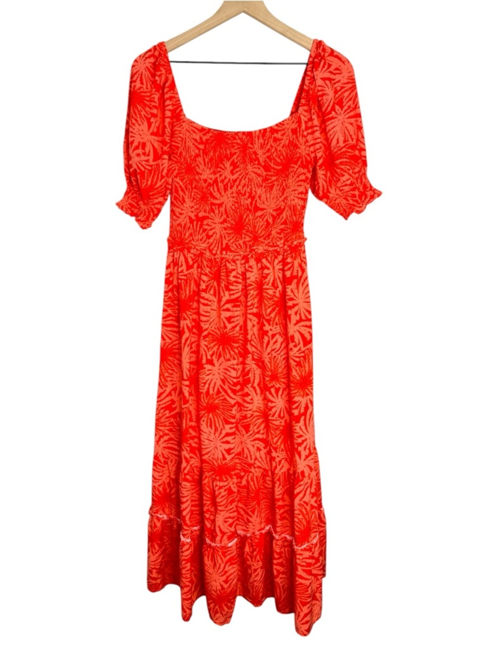 Betsey Johnson Palms of Paradise Orange Smocked Maxi Dress Puff Sleeve Resort M